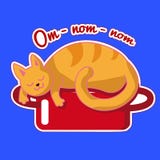 Den ljust rödbrun katten sover på en röd kastrull Vektorklistermärke med ett roligt djur Illustration med att drömma om smaklig m royaltyfri illustrationer Den ljust rödbrun katten sover på en röd kastrull Vektorklistermärke med ett roligt djur Illustration med att drömma om smaklig m royaltyfri illustrationer