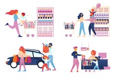 Den lyckliga familjshoppingupps?ttningen isolerade supermarket vektor illustrationer Den lyckliga familjshoppingupps?ttningen isolerade supermarket vektor illustrationer