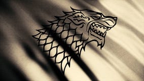Den svarta vargen grinar konturn på att fladdra den abstrakta flaggan av beige färg, sömlös ögla Huvud av direwolf som ett emblem arkivbild Den svarta vargen grinar konturn på att fladdra den abstrakta flaggan av beige färg, sömlös ögla Huvud av direwolf som ett emblem arkivbild