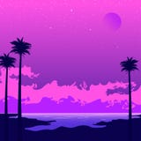 Den Synthwave affischen med sätter på land och gömma i handflatan rosa solnedg?ng stock illustrationer Den Synthwave affischen med sätter på land och gömma i handflatan rosa solnedg?ng stock illustrationer
