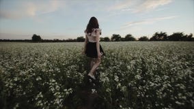 Den tillbaka sikten av den nätta unga brunettflickan med ett krabbt hår i svart kjol går i ett blommafält isolated rear view whit lager videofilmer Den tillbaka sikten av den nätta unga brunettflickan med ett krabbt hår i svart kjol går i ett blommafält isolated rear view whit lager videofilmer