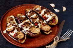 Den traditionella italienska maträtten - grillade aubergine som stoppades med löneförhöjning, tomater, vitlök och sås på en tappn royaltyfria foton Den traditionella italienska maträtten - grillade aubergine som stoppades med löneförhöjning, tomater, vitlök och sås på en tappn royaltyfria foton