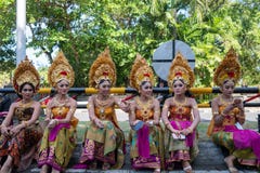 DENPASAR/BALI-JUNE 15 2019: Young Balinese women wearing traditional Balinese headdress and traditional sarong at the opening royalty free stock photography DENPASAR/BALI-JUNE 15 2019: Young Balinese women wearing traditional Balinese headdress and traditional sarong at the opening royalty free stock photography