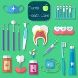 Dental care flat design Vector illustration with Dental floss, teeth, mouth, tooth paste and brush, medicine, syringe and dentist Stock Photos Dental care flat design Vector illustration with Dental floss, teeth, mouth, tooth paste and brush, medicine, syringe and dentist Stock Photos