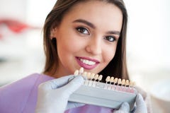 Dentiste vérifiant et sélectionnant la couleur des dents du ` s de jeune femme photo libre de droits Dentiste vérifiant et sélectionnant la couleur des dents du ` s de jeune femme photo libre de droits