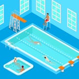 Dentro piscina con los nadadores, salvación y el Jacuzzi Gente isométrica stock de ilustración Dentro piscina con los nadadores, salvación y el Jacuzzi Gente isométrica stock de ilustración
