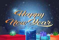 Der Konzeptgeschenkboxdekoration der frohen Weihnachten des guten Rutsch ins Neue Jahr Schneehintergrundes des nächtlichen Himmel lizenzfreie abbildung Der Konzeptgeschenkboxdekoration der frohen Weihnachten des guten Rutsch ins Neue Jahr Schneehintergrundes des nächtlichen Himmel lizenzfreie abbildung