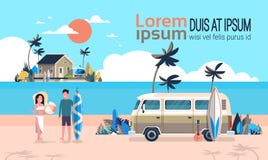 Der Weinleselandhausinsel des tropischen Strandes des Sommerferien-Mannfrauenbrandungsbussonnenaufgangs Retro- surfender horizont vektor abbildung Der Weinleselandhausinsel des tropischen Strandes des Sommerferien-Mannfrauenbrandungsbussonnenaufgangs Retro- surfender horizont vektor abbildung