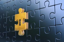 Dernière partie d'or de puzzle métallique avec le trou de la serrure Photographie stock