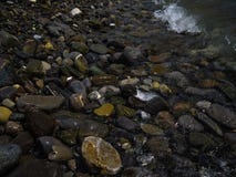 Des pierres humides de mer sur la côte sont lavées par une eau photos libres de droits Des pierres humides de mer sur la côte sont lavées par une eau photos libres de droits