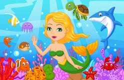 Desenhos animados bonitos da sereia com grupo da coleção dos peixes ilustração royalty free Desenhos animados bonitos da sereia com grupo da coleção dos peixes ilustração royalty free