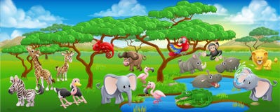 Desenhos animados bonitos Safari Animal Scene Landscape ilustração stock Desenhos animados bonitos Safari Animal Scene Landscape ilustração stock