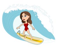 Desenhos animados surfando da mulher ilustração stock Desenhos animados surfando da mulher ilustração stock