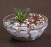 Deserowy tiramisu z czekoladowymi i nowymi liśćmi w round szkło formie zdjęcie stock Deserowy tiramisu z czekoladowymi i nowymi liśćmi w round szkło formie zdjęcie stock