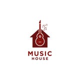 Design för musikhuslogo med gitarrsymbol och signal royaltyfri illustrationer Design för musikhuslogo med gitarrsymbol och signal royaltyfri illustrationer