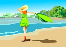 Design för sommarstrandvektor på stranden med ett paraply och en skyla på stranden Sommarbakgrundsillustration för strand stock illustrationer Design för sommarstrandvektor på stranden med ett paraply och en skyla på stranden Sommarbakgrundsillustration för strand stock illustrationer
