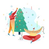 Design happy new year illustration young girl and boy decorates a christmas tree. Cute flat family character for. Christmas banner in modern style. Happy stock illustration Design happy new year illustration young girl and boy decorates a christmas tree. Cute flat family character for. Christmas banner in modern style. Happy stock illustration
