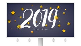 Design of Happy New Year poster with calligraphy and golden Christmas toys. Billboard with hand written lettering 2019. Gold snowflakes and stars. Vector royalty free illustration Design of Happy New Year poster with calligraphy and golden Christmas toys. Billboard with hand written lettering 2019. Gold snowflakes and stars. Vector royalty free illustration