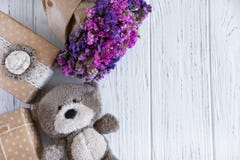 Design Of The Congratulatory Banner With Boxes And A Toy Bear On A White Background. Frame For Birthday Greeting Card Stock Photography Design Of The Congratulatory Banner With Boxes And A Toy Bear On A White Background. Frame For Birthday Greeting Card Stock Photography