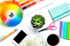 Designer tools on work table white background top view stock image Designer tools on work table white background top view stock image