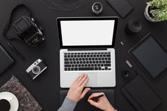 Designer working on laptop and using tablet. Directly above with copy space. stock images Designer working on laptop and using tablet. Directly above with copy space. stock images
