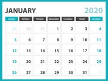 Desk calendar layout Size 8 x 6 inch, January 2020 Calendar template, planner design, week starts on sunday, stationery design vector illustration Desk calendar layout Size 8 x 6 inch, January 2020 Calendar template, planner design, week starts on sunday, stationery design vector illustration