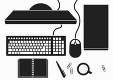 Desktop with Computer PC , keyboard , mouse , case , disk drive , monitor screen , book , pen , cup , paper clip ) ( Silhouette ) Stock Image Desktop with Computer PC , keyboard , mouse , case , disk drive , monitor screen , book , pen , cup , paper clip ) ( Silhouette ) Stock Image