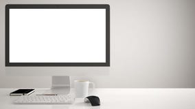Desktop mockup, template, computer on work desk with blank screen, keyboard mouse and notepad with pens and pencils, white backgro royalty free stock photography Desktop mockup, template, computer on work desk with blank screen, keyboard mouse and notepad with pens and pencils, white backgro royalty free stock photography