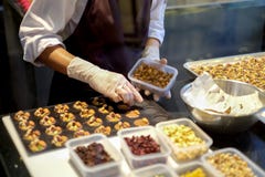 Dessert chef preparing milk chocolate and almond appetizer royalty free stock photos Dessert chef preparing milk chocolate and almond appetizer royalty free stock photos