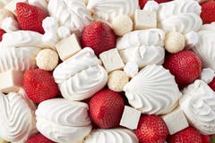 Dessert Consisting Of Marshmallows, Zephyrs, Chocolates And Ripe Strawberries, Close-up Royalty Free Stock Images