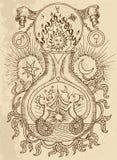 Dessin mystique avec des symboles spirituels et alchimiques, Gémeaux de signe de zodiaque avec la lune et soleil sur le fond de t illustration stock Dessin mystique avec des symboles spirituels et alchimiques, Gémeaux de signe de zodiaque avec la lune et soleil sur le fond de t illustration stock
