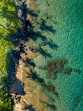 Dessus en bas de la vue le du littoral de Maui avec de longues ombres de palmier image stock Dessus en bas de la vue le du littoral de Maui avec de longues ombres de palmier image stock