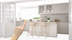 Det oavslutade projektet, under konstruktionsutkast, begreppsinredesignen skissar, räcker att peka verkligt scandinavian kök med royaltyfri fotografi Det oavslutade projektet, under konstruktionsutkast, begreppsinredesignen skissar, räcker att peka verkligt scandinavian kök med royaltyfri fotografi