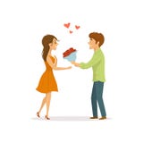 Det romantiska paret som är förälskat på ett datum, man förvånar kvinnan med blommor stock illustrationer Det romantiska paret som är förälskat på ett datum, man förvånar kvinnan med blommor stock illustrationer
