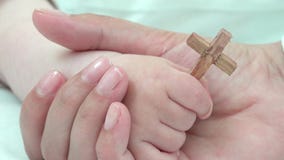 Detail van de hand van de de holdingsbaby van de moederhand met christelijk dwars, vroeg onderwijs, reële waarden om het nieuw le stock video Detail van de hand van de de holdingsbaby van de moederhand met christelijk dwars, vroeg onderwijs, reële waarden om het nieuw le stock video