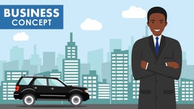 Business concept. Detailed illustration of young african american businessman on background with black car and cityscape Stock Photos Business concept. Detailed illustration of young african american businessman on background with black car and cityscape Stock Photos