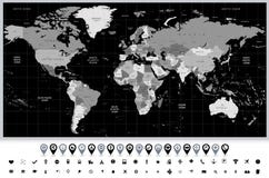 Detailed vector World map in colors of gray and navigation icons stock illustration Detailed vector World map in colors of gray and navigation icons stock illustration