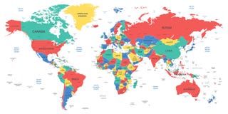 Detailed world map with borders, countries and cities