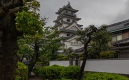 Detaljsikt på Imabari vattenslott inom härligt grönt landskap r arkivbild Detaljsikt på Imabari vattenslott inom härligt grönt landskap r arkivbild