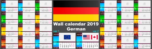 deutsche немецкий календарь 2019 стены 2 шаблона ISO 8601 для Европы и США Канада с оцифровкой недели вектор иллюстрация штока deutsche немецкий календарь 2019 стены 2 шаблона ISO 8601 для Европы и США Канада с оцифровкой недели вектор иллюстрация штока