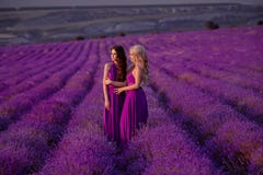 Deux belles femmes insouciantes appréciant le coucher du soleil dans le domaine de lavande harmonie Blond et brune attrayantes av image stock Deux belles femmes insouciantes appréciant le coucher du soleil dans le domaine de lavande harmonie Blond et brune attrayantes av image stock