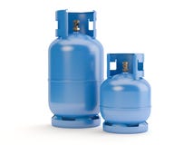 Deux bouteilles de gaz bleues sur le fond blanc, illustration 3D illustration stock Deux bouteilles de gaz bleues sur le fond blanc, illustration 3D illustration stock