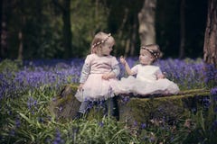 Deux enfants s'asseyant dans un bois ont rempli de jacinthes des bois de ressort image libre de droits Deux enfants s'asseyant dans un bois ont rempli de jacinthes des bois de ressort image libre de droits