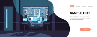 Deux ingénieurs regardant des moniteurs derrière l'obscurité robotique d'intelligence artificielle d'industrie de robot d'usine e illustration stock Deux ingénieurs regardant des moniteurs derrière l'obscurité robotique d'intelligence artificielle d'industrie de robot d'usine e illustration stock