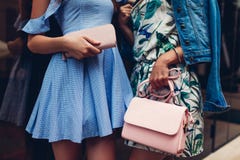 Deux jeunes belles femmes utilisant les vêtements et les accessoires élégants Filles tenant la bourse et le sac à main Équipement photographie stock libre de droits Deux jeunes belles femmes utilisant les vêtements et les accessoires élégants Filles tenant la bourse et le sac à main Équipement photographie stock libre de droits