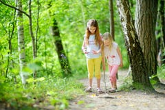 Deux petites soeurs mignonnes ayant l'amusement pendant la hausse de forêt le beau jour d'été Loisirs actifs de famille avec des Photos stock Deux petites soeurs mignonnes ayant l'amusement pendant la hausse de forêt le beau jour d'été Loisirs actifs de famille avec des Photos stock