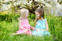 Deux petites soeurs mignonnes dans le jardin de floraison de cerise images libres de droits Deux petites soeurs mignonnes dans le jardin de floraison de cerise images libres de droits