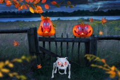Deux potirons oranges drôles de Halloween avec rougeoyer observe avec le chien squelettique fâché une nuit venteuse orageuse de H illustration stock Deux potirons oranges drôles de Halloween avec rougeoyer observe avec le chien squelettique fâché une nuit venteuse orageuse de H illustration stock