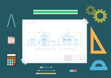 Dibujo de la casa y herramientas de dibujo El concepto de diseño Ejemplo plano del vector libre illustration Dibujo de la casa y herramientas de dibujo El concepto de diseño Ejemplo plano del vector libre illustration
