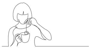 Dibujo lineal continuo de la mujer joven que hace la bolsita de té y la taza de la tenencia del té stock de ilustración Dibujo lineal continuo de la mujer joven que hace la bolsita de té y la taza de la tenencia del té stock de ilustración